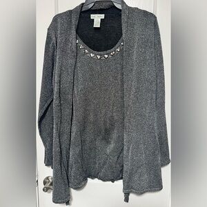 Ulla Popken Charcoal Gray Cardigan with Embellished Neckline